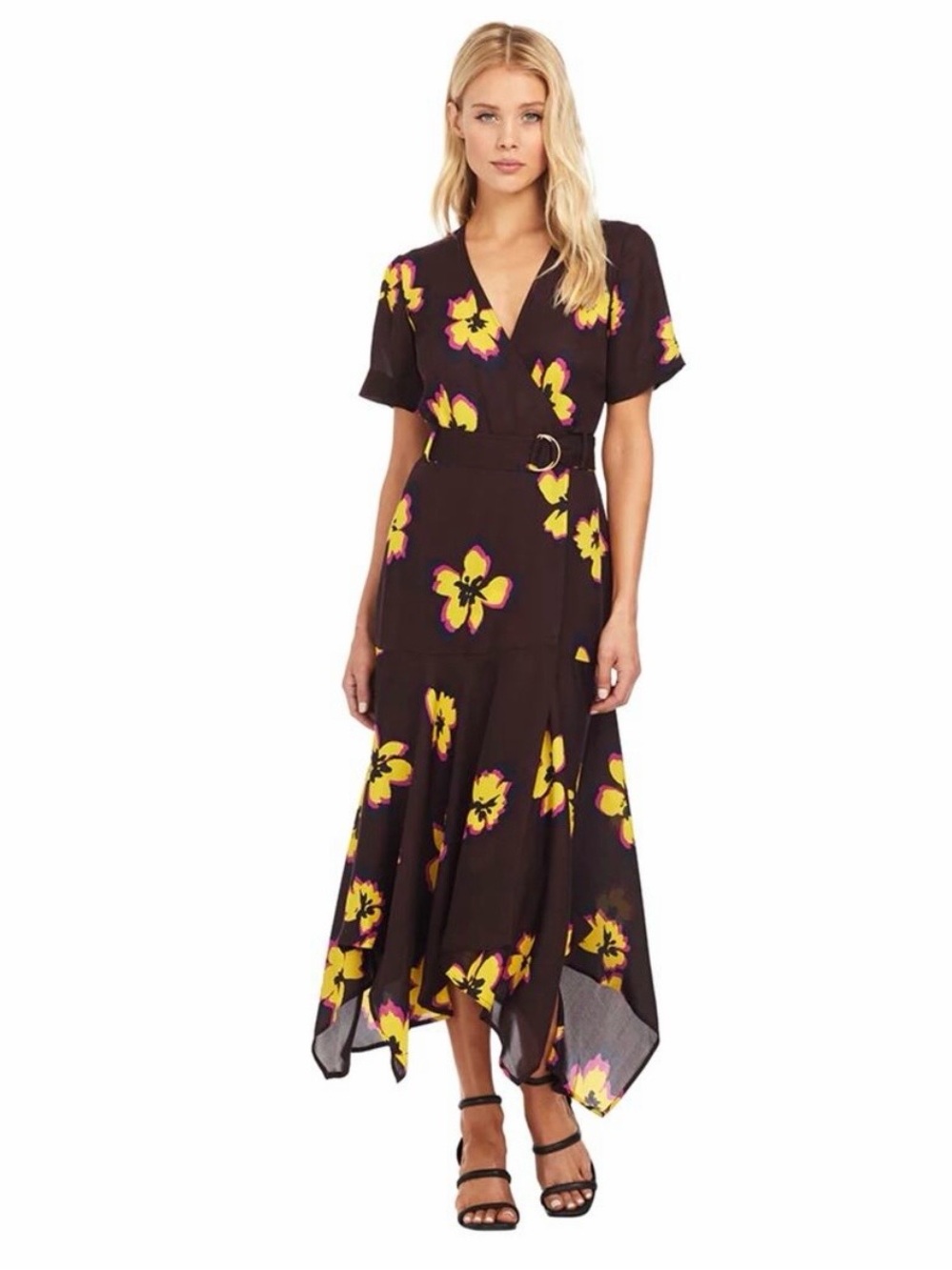 A.L.C. Black High-Low Floral Wrap Dress with Yellow Flowers